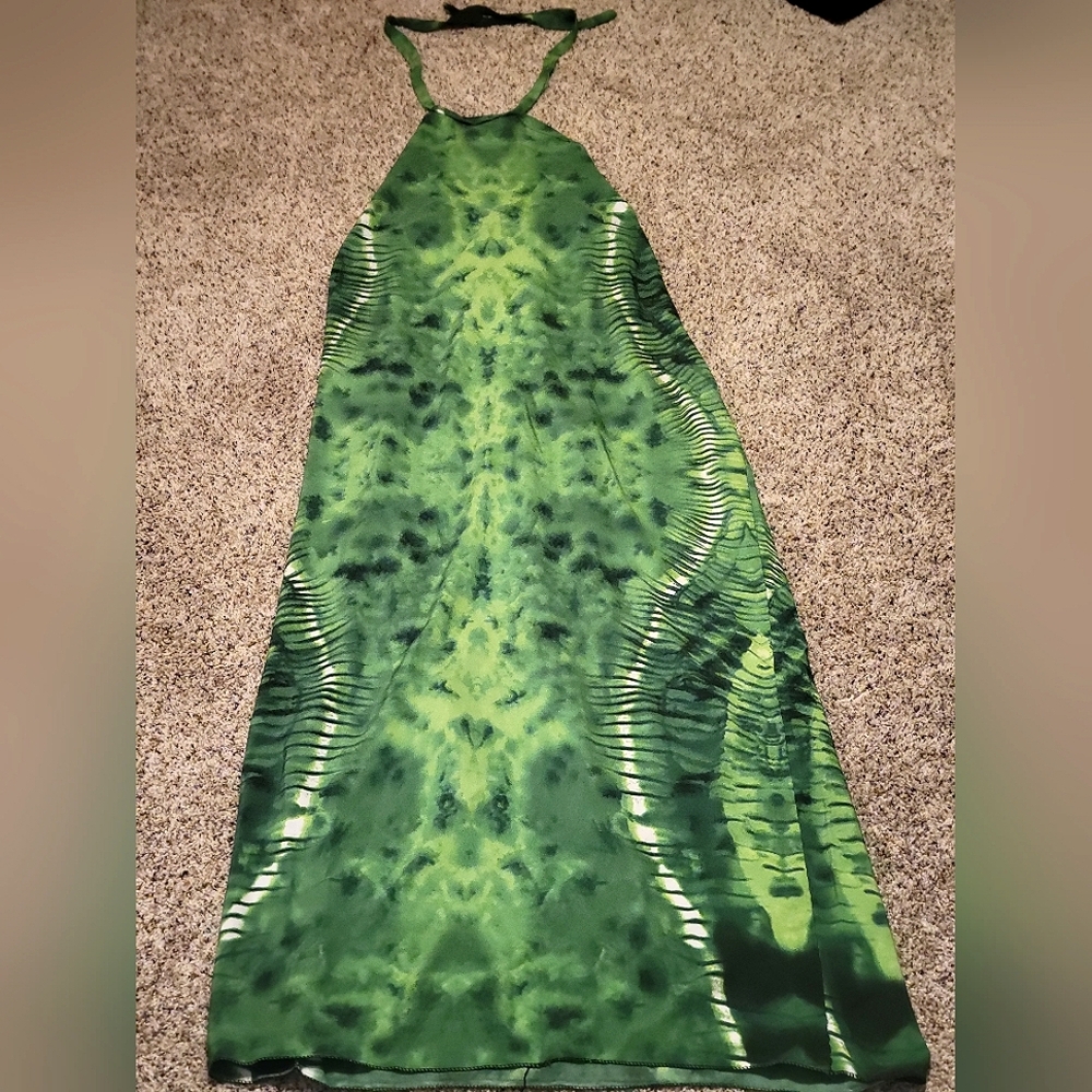 Tropical Green Tie Dye Halter Tie Maxi With Scarf Sundress Beachy One Size NWOT
